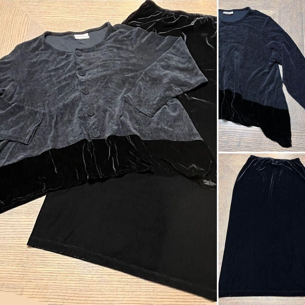Chico's Private Edition Set Black Shirt Jacket ML Long Skirt 2 Velvet Chenille